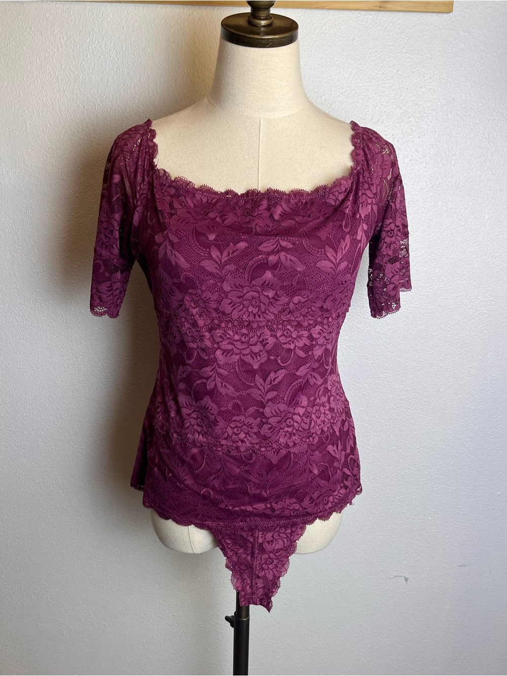 Guess Plum Lace Scoop Neck Bodysuit with Lace Trim